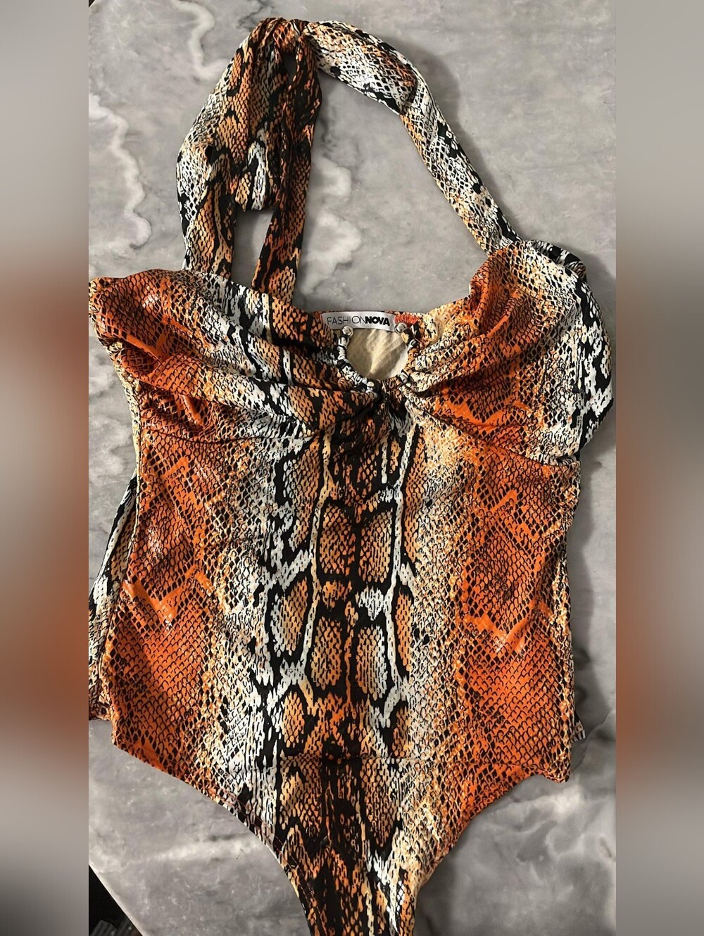 Fashion Nova Orange Black Cream Snake-Print Halter Top